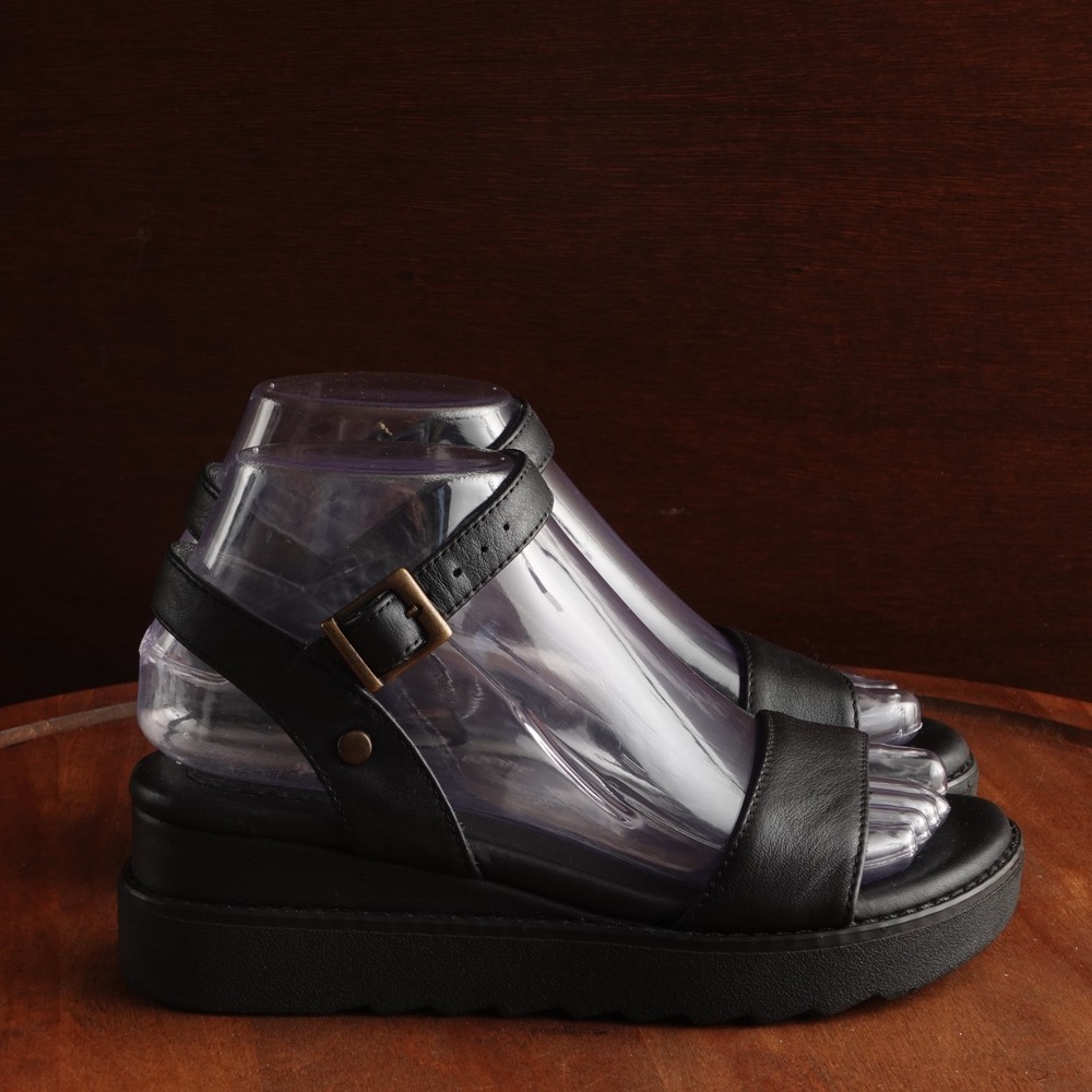 Patina Sandals Womens SZ 5.5 Black Portland Leather Platform Wedge Coastal Shoes